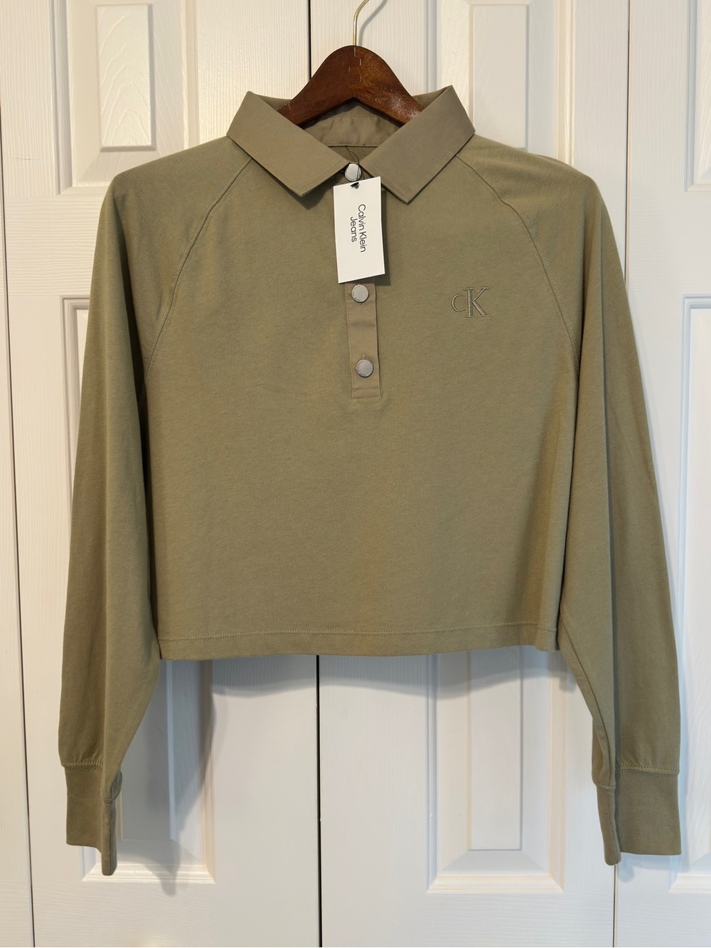 Calvin Klein Jeans Olive Cropped Long-Sleeve Polo New With Tags